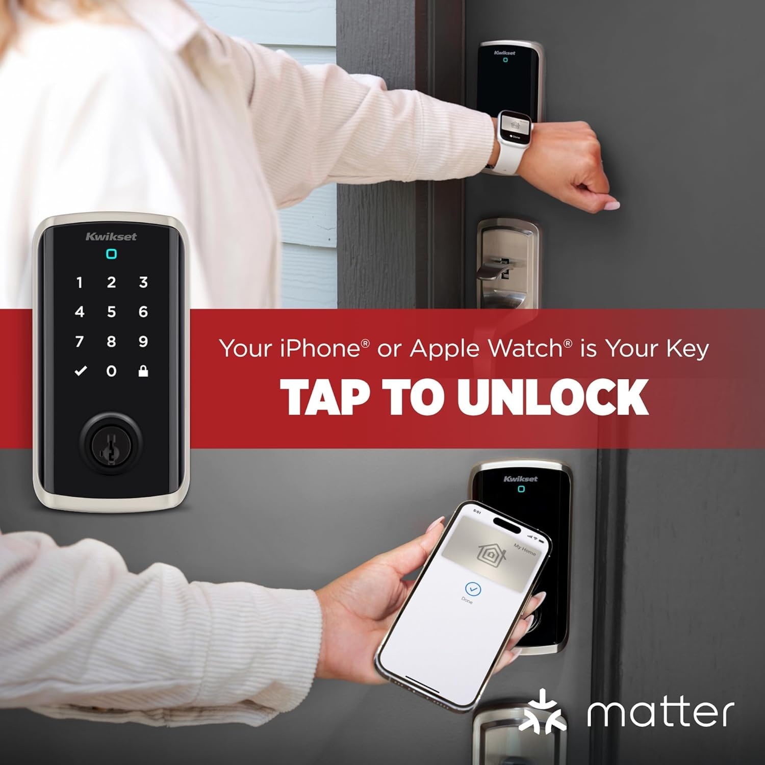 Kwikset Halo Select Plus Satin Nickel Touchscreen Apple Home Keys Tap-to-Unlock, Wi-Fi and Matter Enabled Smart Lock Deadbolt with Door Status Sensor and Intrusion Detection(Satin Nickel)