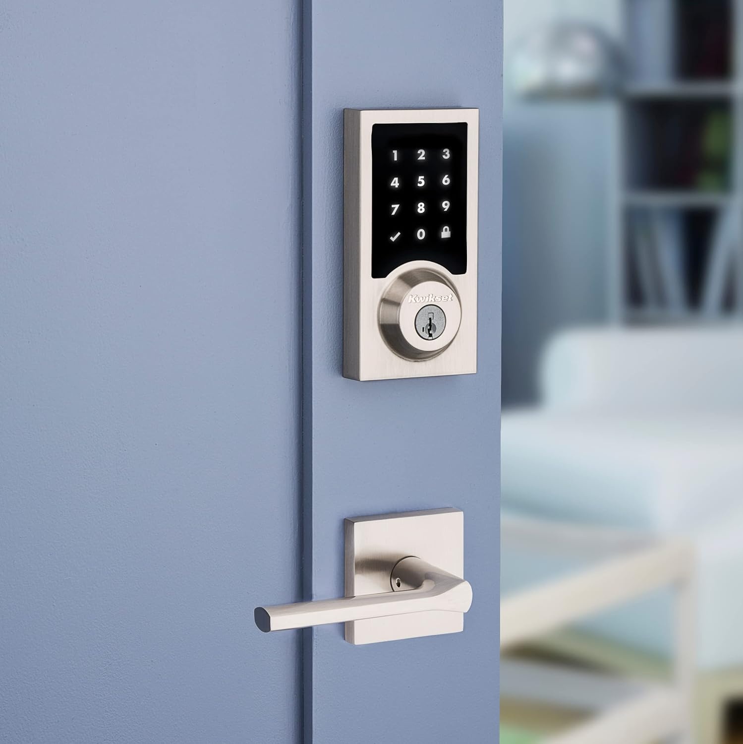 Kwikset 916 Contemporary Touchscreen SmartCode Electronic Deadbolt Smart Lock featuring SmartKey Security and ZigBee 3.0 Technology in Satin Nickel