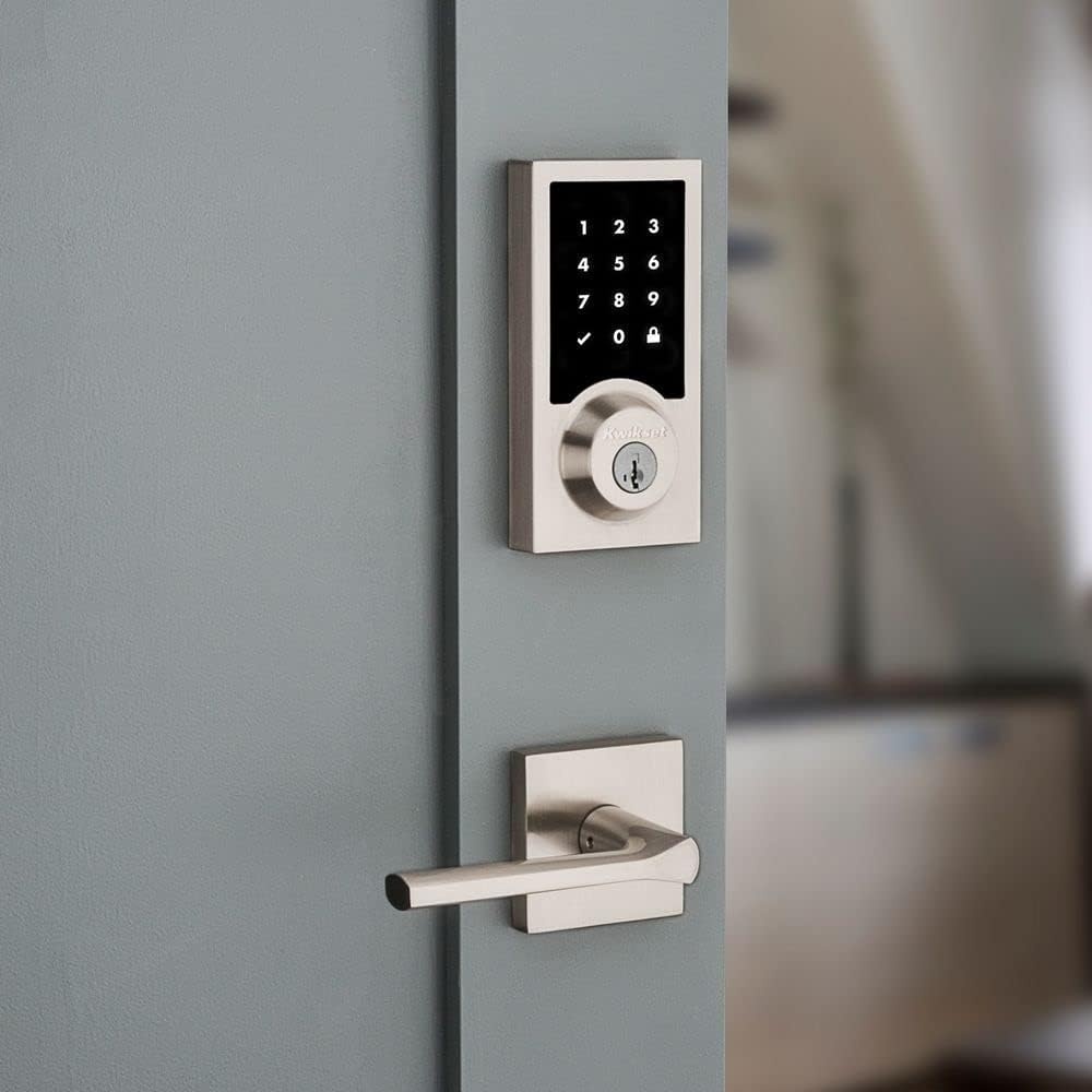 Kwikset 916 Contemporary Touchscreen SmartCode Electronic Deadbolt Smart Lock featuring SmartKey Security and ZigBee 3.0 Technology in Satin Nickel