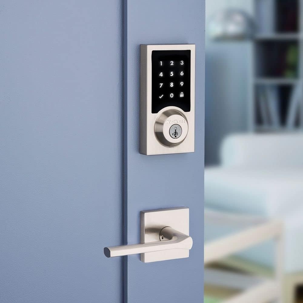 Kwikset 916 Contemporary Touchscreen SmartCode Electronic Deadbolt Smart Lock featuring SmartKey Security and ZigBee 3.0 Technology in Satin Nickel