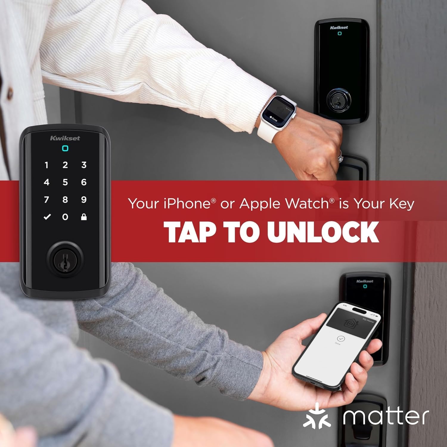 Kwikset Halo Select Plus Satin Nickel Touchscreen Apple Home Keys Tap-to-Unlock, Wi-Fi and Matter Enabled Smart Lock Deadbolt with Door Status Sensor and Intrusion Detection(Matte Black)