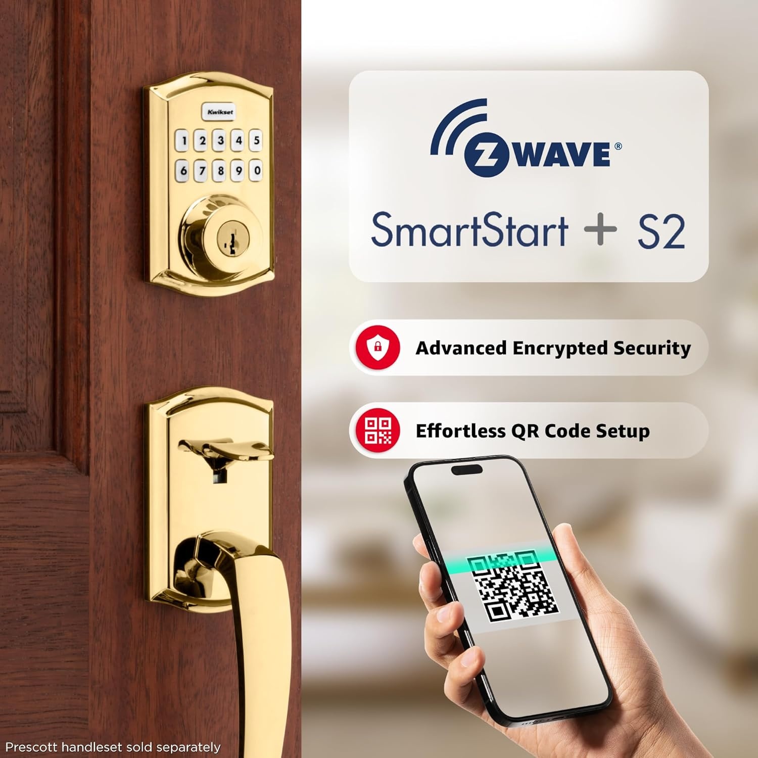 Kwikset Home Connect 620 Smart Lock Deadbolt with Z-Wave Technology, Works with Ring Alarm, Samsung Smartthings and More, Z-Wave Hub Required, Contemporary Design in Satin Nickel(Polished Brass)